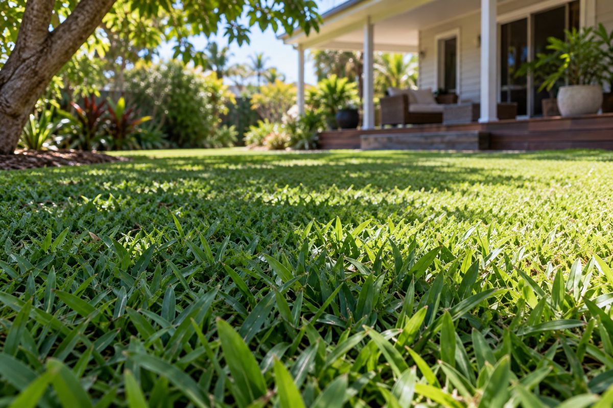 Close view of soft broad-leaf buffalo grass in sun and dappled shade