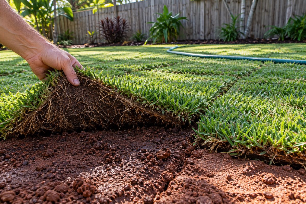 Hand lifting a corner of new turf to check roots in red soil