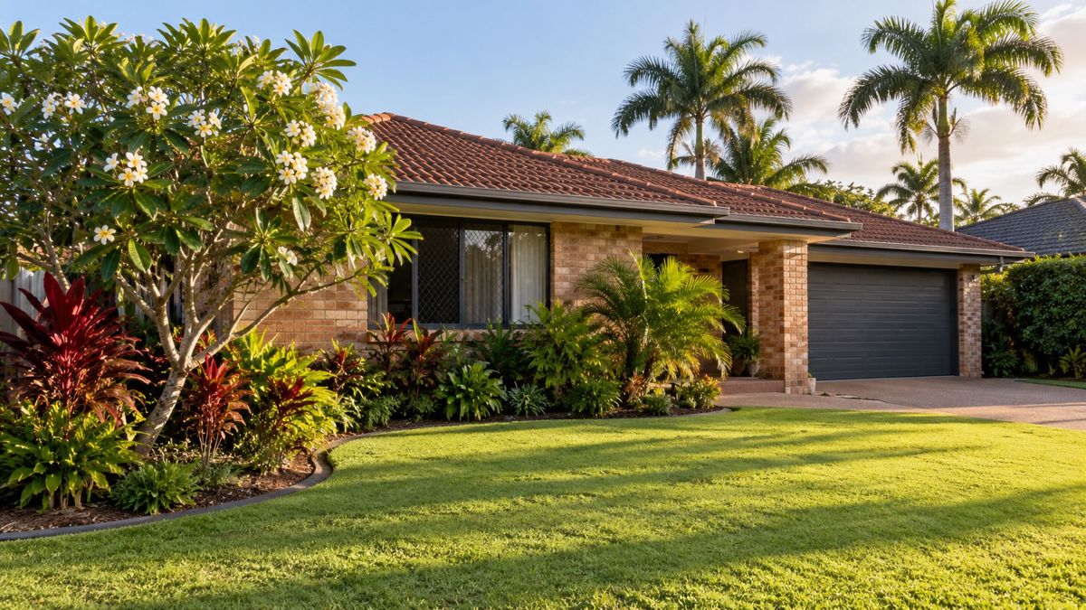 Lush green lawn in front of a Queensland brick and tile home