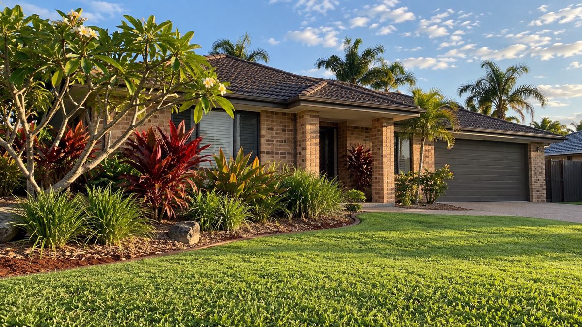 Green lawn and tropical garden in front of a Queensland brick home