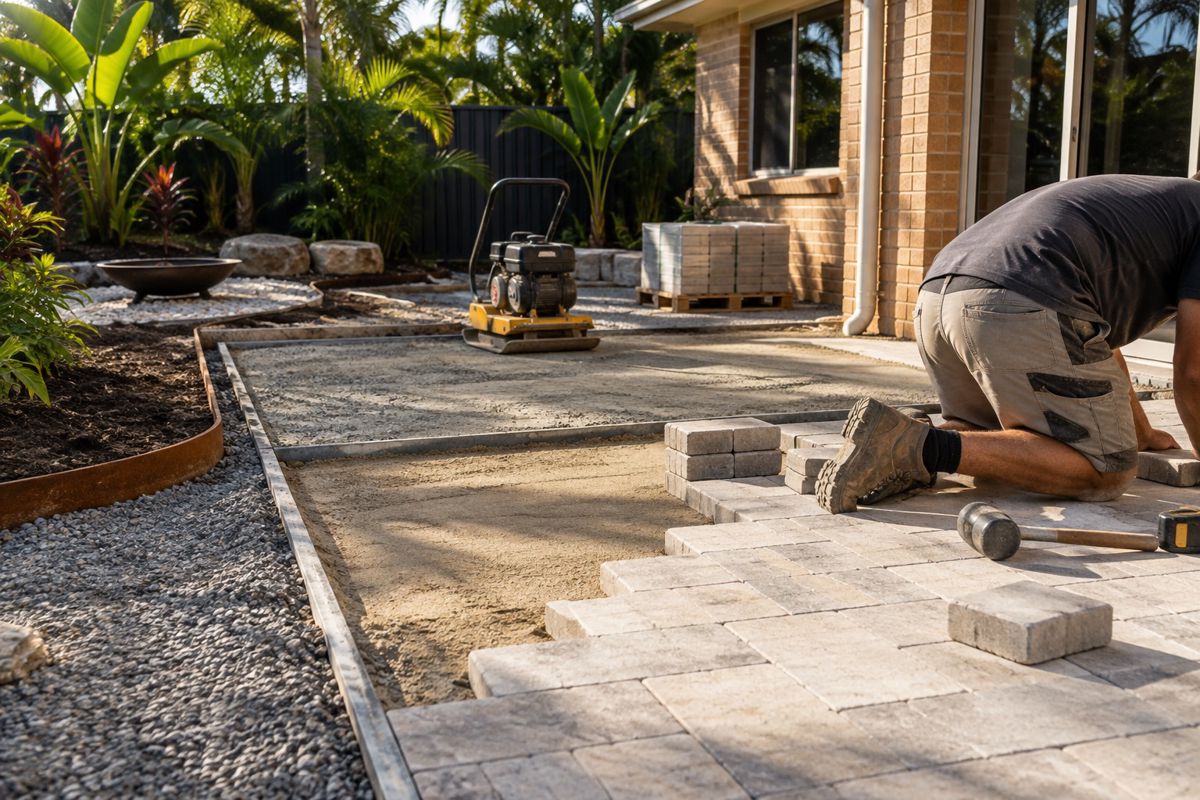 Half-laid paver patio on a compacted rock base behind a brick home