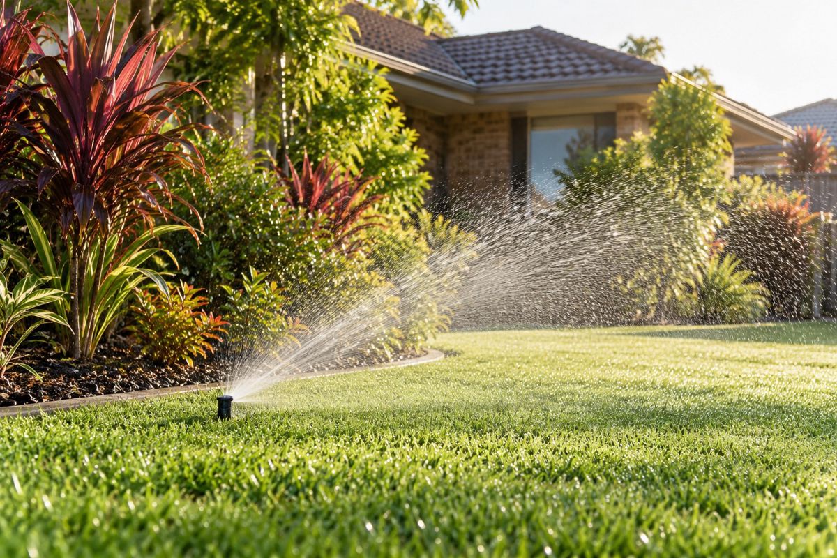 Pop-up sprinkler watering a green lawn beside a drip-irrigated garden bed