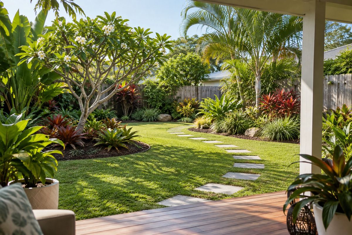 Newly landscaped subtropical backyard with winding path, mulched beds and mixed planting