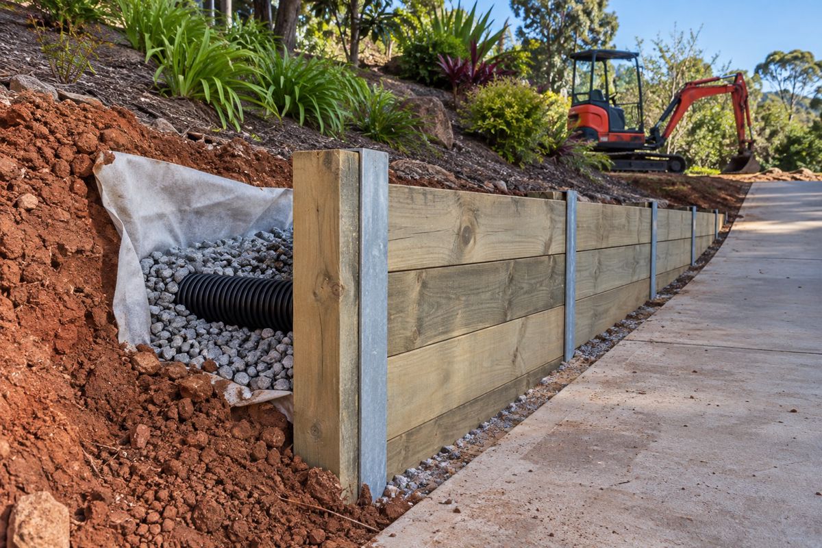 Timber sleeper retaining wall with drainage pipe and gravel behind it