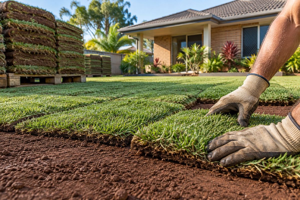 Workers laying fresh buffalo turf rolls over levelled red soil in a backyard